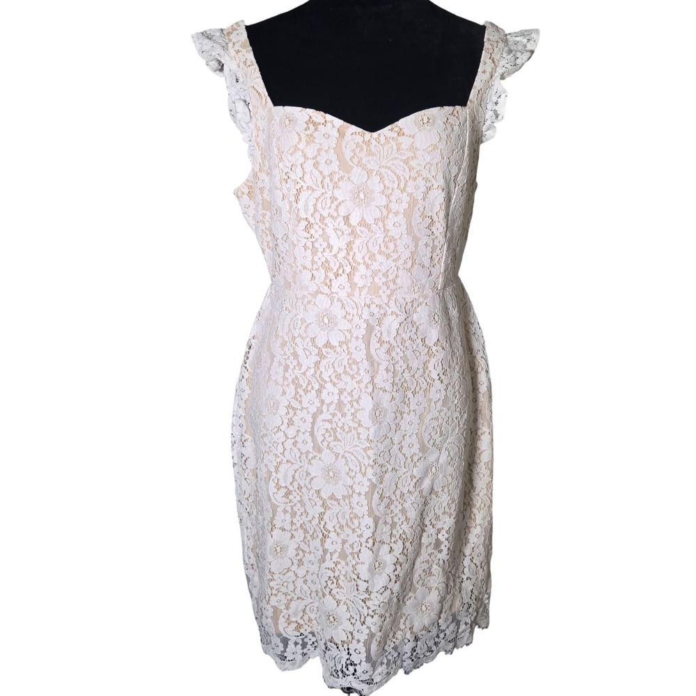 Aakaa Lace Dress Women L Cream Nude Overlay Sweetheart Neck Flutter Sleeve Sheat